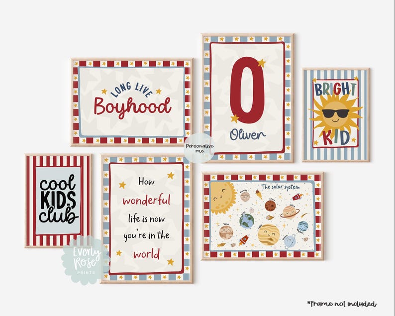May include: A collection of framed art prints with various designs and text. The prints include phrases like "Long Live Boyhood" and "Cool Kids Club," along with a solar system illustration and a sun with sunglasses. The color scheme features red, blue, and cream.