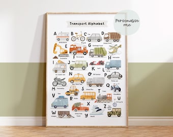 Personalised, Transport Alphabet Print, Vehicles, Boys PlayRoom Wall Art, Boy Bedroom Prints, Classroom Prints, Learning Poster, Car Decor