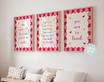 Personalised Girl Affirmation Prints, Retro Checkerboard Nursery Decor (Set of 3)