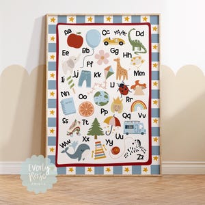 K&ouml;nnte beinhalten: Alphabet-Tafel mit farbenfrohen Illustrationen f&uuml;r jeden Buchstaben, darunter ein Apfel, ein Ballon, ein Auto, ein Dinosaurier, ein Elefant, eine Blume, Jeans, ein Drachen, eine Giraffe, ein Marienk&auml;fer und ein Regenbogen. Die Tafel ist mit einem blau-wei&szlig; karierten Muster und goldenen Sternen umrahmt.
