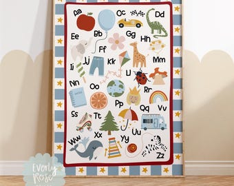 Alphabet A–Z Educational Wall Art Print, Toddler Boys Prints, Checkerboard Prints, Boys Decor, Nursery Prints, Playroom Prints, ABC Poster