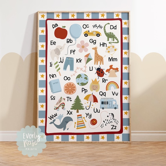 Alphabet A–Z Educational Wall Art Print, Toddler Boys Prints, Checkerboard Prints, Boys Decor, Nursery Prints, Playroom Prints, ABC Poster