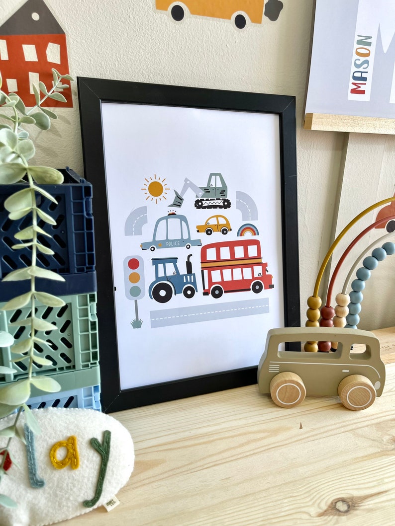 Set Of 3, Personalised, Scandi Car Prints, Children's Bedroom, Nursery, Playroom, Vehicle, Decor, Boys Room, Transport, Colourful, Wall Art image 5