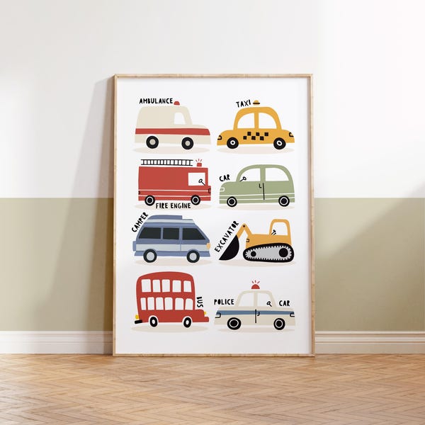 Láminas de vehículos para niños, láminas de coches, dormitorio infantil, guardería, sala de juegos, vehículo, decoración, habitación de niño, transporte, colorido, arte mural, coche