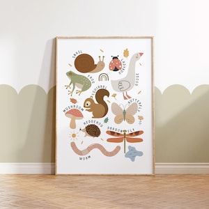 May include: A framed print with charming illustrations of various animals and insects, such as a snail, frog, squirrel, ladybug, goose, mushroom, hedgehog, butterfly, dragonfly, and worm. The print is in a wooden frame.