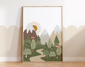Mountain Print, Adventure Print, Woodland Print, Woodland Nursery, Forest, Kids Wall Art, Explorer, Wildness, Wild, Explorer, Nursery Prints