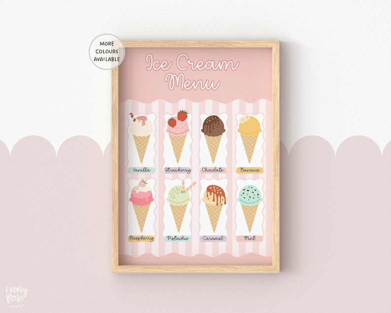 May include: A pink and white striped poster with the text "Ice Cream Menu" at the top.  There are eight different ice cream cones with various flavours, including vanilla, strawberry, chocolate, banana, raspberry, pistachio, caramel, and mint.