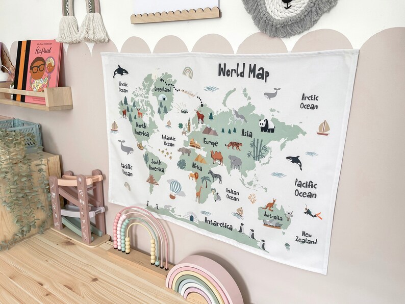 Fabric Wall Hanging World Map Prints Nursery Print Kids Etsy UK