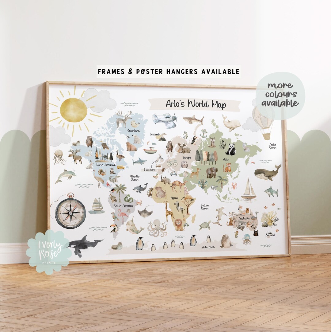 Personalised, Watercolour, World Map Prints, A4 - A1, Nursery Print ...