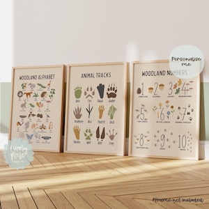 Set of 3, Woodland Alphabet, Woodland Numbers, Educational Prints, Forest Decor, Woodland Nursery, Neutral Decor, Playroom, Woodland Animals