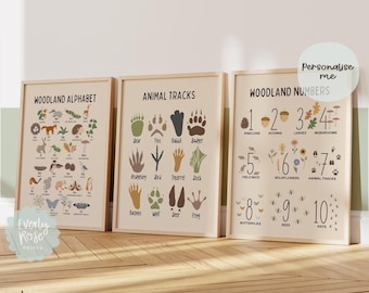 Set of 3, Woodland Alphabet, Woodland Numbers, Educational Prints, Forest Decor, Woodland Nursery, Neutral Decor, Playroom, Woodland Animals