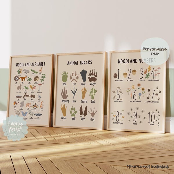 Set of 3, Woodland Alphabet, Woodland Numbers, Educational Prints, Forest Decor, Woodland Nursery, Neutral Decor, Playroom, Woodland Animals