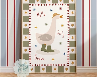 Silly Goose, Educational Kids Wall Art, Toddler Boy Bedroom, Farm Theme Decor, Checkerboard
