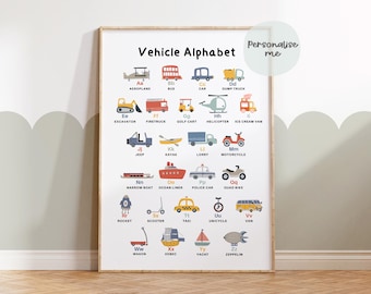 Personalised Transport Prints, Alphabet, Numbers, Educational Prints, Decor, Car Nursery, Vehicle Prints, Playroom, Car Wall Decor