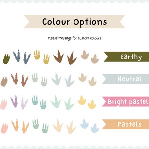 May include: A chart with four rows of dinosaur footprints in different colors. The rows are labeled "Earthy", "Neutral", "Bright pastels", and "Pastels".