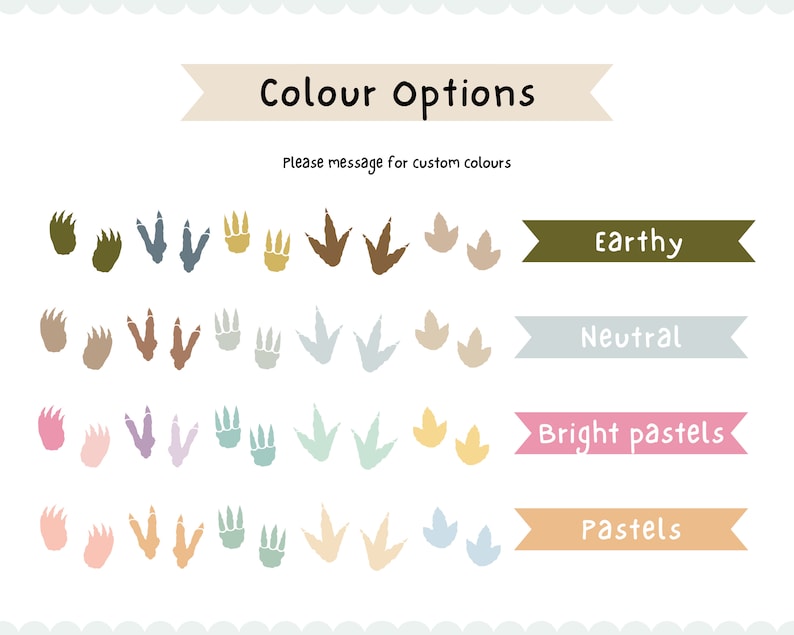 May include: A chart with four rows of dinosaur footprints in different colors. The rows are labeled "Earthy", "Neutral", "Bright pastels", and "Pastels".