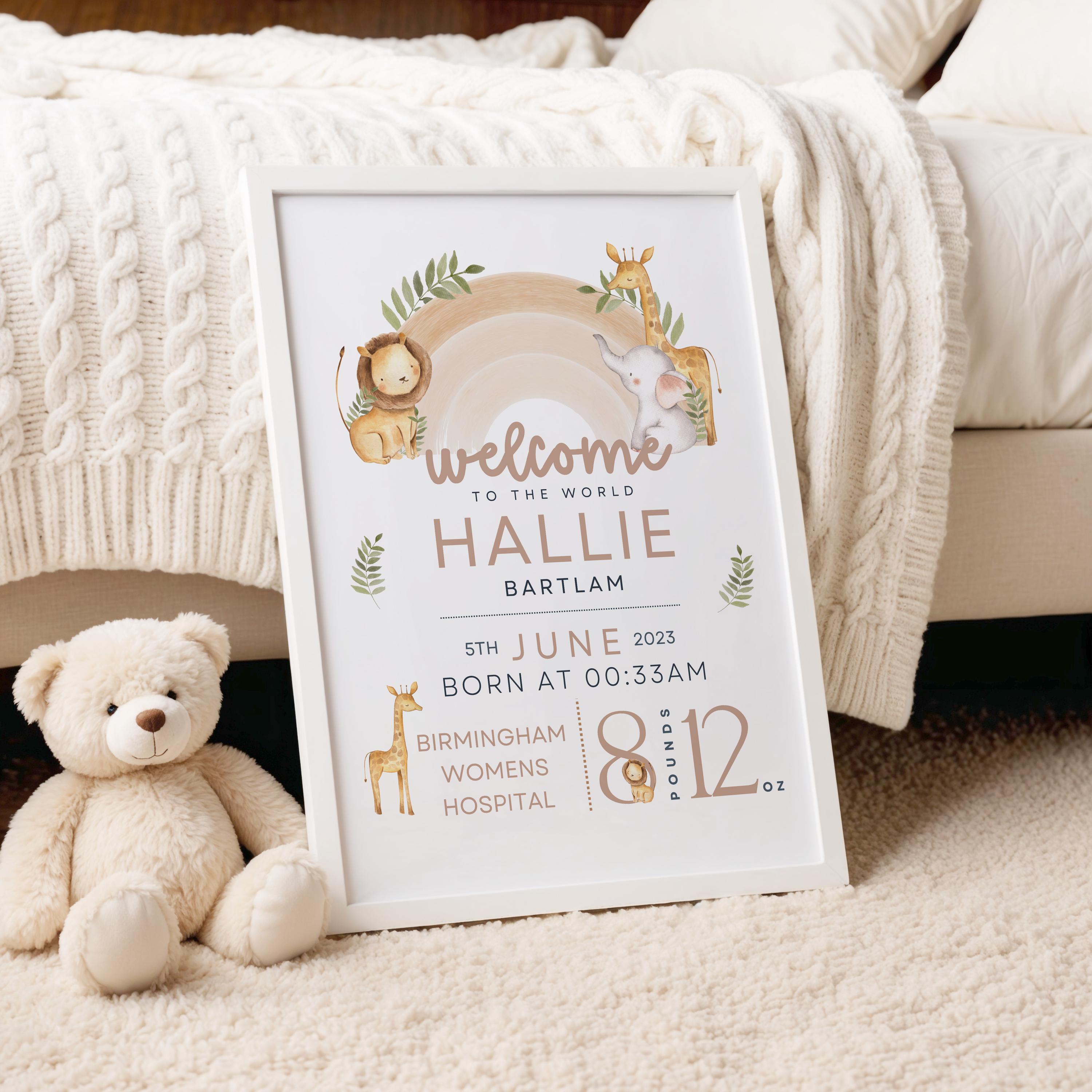 Birth Print, Birth Details, Safari Animal Print, Birth Poster, New Baby ...