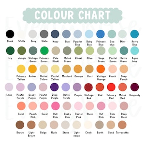 May include: Colour chart with 60 different colour swatches. The colours are arranged in rows and columns, with each colour labelled with its name. The colours include black, white, grey, slate, navy, blue, powder blue, baby blue, primary blue, sea blue, mint, retro blue, ivy, jungle green, vintage green, primary green, pale khaki, muted green, khaki, olive, sage green, pastel green, retro green, aqua blue, primary yellow, amber, muted yellow, pastel yellow, mustard, orange, rust, vintage orange, peach, deep peach, lilac, pastel purple, dusky purple, pastel purple, deep purple, retro purple, purple, vintage red, red, primary red, muted red, burgundy, coral, peach pink, coral, doll pink, dusky pink, pastel pink, blush, hot pink, pale pink, deep blush, brown, light brown, beige, nude, stone, light beige, chalk, earth, sand, terracotta.