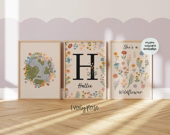 Set of 3, girls wildflower prints, dove print, flower prints, nursery decor, floral decor, childrens prints, personalised, Scandi style