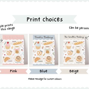 May include: Three printable bakery signs with different colour backgrounds: pink, blue, and beige. Each sign features a bakery name, "Evie's Bakery", "Noah's Bakery", and "The Smith's Bakery", and a variety of bakery items, including pastries, bread, and a cinnamon roll.