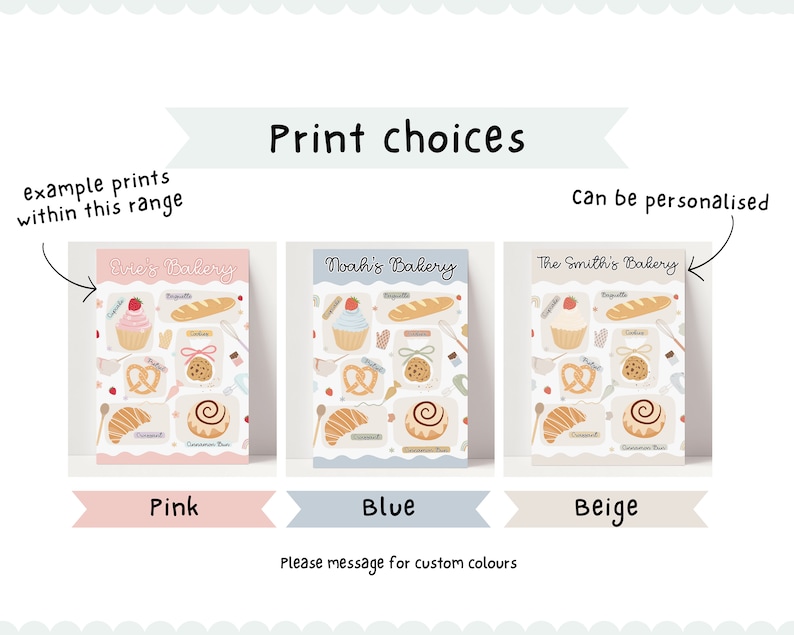 May include: Three printable bakery signs with different colour backgrounds: pink, blue, and beige. Each sign features a bakery name, "Evie's Bakery", "Noah's Bakery", and "The Smith's Bakery", and a variety of bakery items, including pastries, bread, and a cinnamon roll.