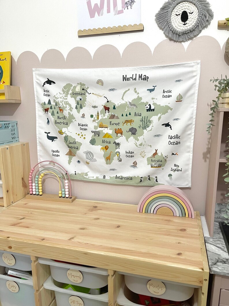 Fabric Wall Hanging World Map Prints Nursery Print Kids Etsy