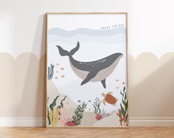 Under The Sea, Whale Print, Ocean Life, Nursery Prints, Sea Life, Sea Animals, Nursery Decor, Shells, Kids Bedroom, Educational, Neutral