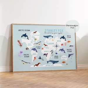 May include: A blue and white world map with illustrations of sea creatures and the text "Stanley Fox, The world is your oyster".