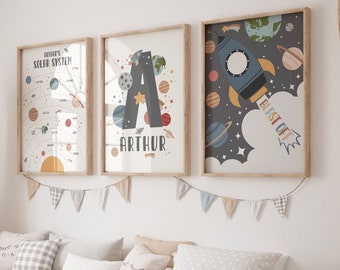 May include: Three framed prints with a space theme. The first print features a solar system with planets and the text "Arthur's Solar System". The second print features a large letter A with planets and stars and the text "Arthur". The third print features a rocket ship with planets and stars and the text "Blast Off".
