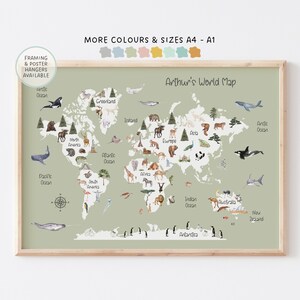 Personalised, Watercolour, World Map Prints, A4 - A1, Nursery Print, Kids Bedroom Maps, Landmarks, Animal Maps Print, Safari Decor, Framed