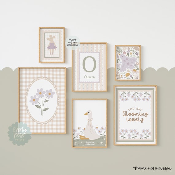 Set Of 6, Gallery Wall, Girls Nursery Prints, Vintage Style, Girls Bedroom, Gingham Prints, Personalised Prints, Boho, Wildflowers Prints