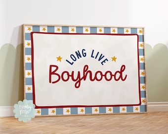 Long Live Boyhood Quote Wall Art Print, Toddler Boys Prints, Checkerboard Prints, Boys Decor, Nursery Prints, Playroom Prints, Kids Room