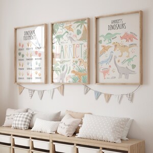 May include: Three framed prints with a dinosaur theme. The left print shows dinosaur footprints with the names of the dinosaurs listed below. The middle print has the name "Harriet" in colorful letters with dinosaurs and plants in the background. The right print shows different dinosaurs with their names listed below.