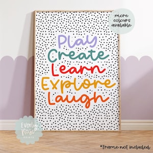 May include: A white printable poster with black polka dots and the words "Play Create Learn Explore Laugh" in colourful, handwritten font.