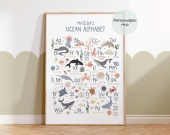 Personalised Print, Ocean Prints, Alphabet, Ocean Alphabet, Nursery Prints, Sea Life, Sea Animals, Shells, Kid Bedroom, Educational, Neutral