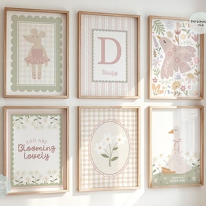Set Of 3, 6, Girls Nursery Prints, Floral Vintage Style, Girls Bedroom, Gingham Prints, Personalised Prints, Boho Prints, Wildflowers Prints