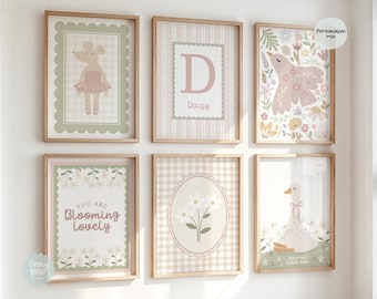 Set Of 3, 6, Girls Nursery Prints, Floral Vintage Style, Girls Bedroom, Gingham Prints, Personalised Prints, Boho Prints, Wildflowers Prints