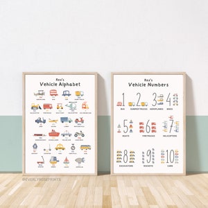 Set of 2, Vehicle Alphabet, Transportation Numbers, Educational Prints, Decor, Car Nursery, Vehicle Prints, Playroom, Car Wall Decor, Cars