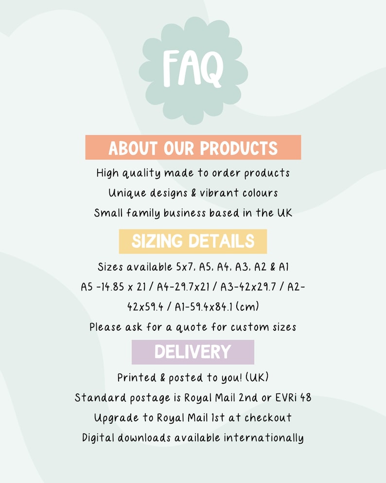 May include: An informational graphic with the heading "FAQ" in a light blue floral shape. The text below details product information, sizing, and delivery options. Sizes include 5x7 inches, A5, A4, A3, A2, and A1.