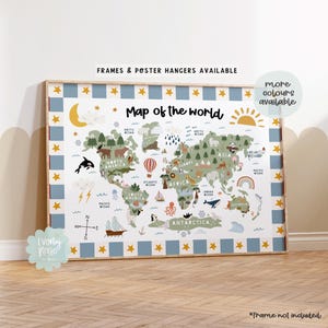 May include: A framed world map poster with a light wood frame. The map features illustrations of animals, boats, and landmarks. The text "Map of the world" is displayed at the top. The border has blue squares and yellow stars. The text "FRAMES & POSTER HANGERS AVAILABLE" is displayed at the top.