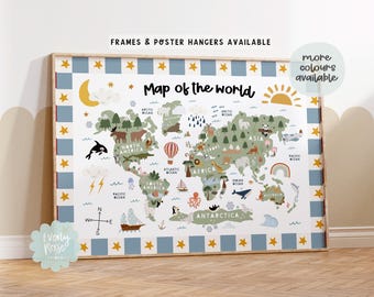 Map Of The World Educational Wall Art Print, Toddler Boys Prints, Checkerboard Prints, Boys Decor, Nursery Prints, Playroom Kids Poster