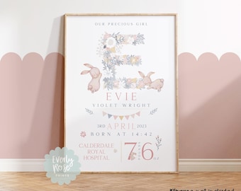 Birth Print, Birth Details, Flower Print, Bunnies & Rabbits Print, New Baby Gift, Baby Girl Print, Christening, Sentimental, Nursery Prints