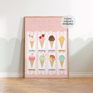 May include: A pink and white printable ice cream menu with illustrations of different ice cream flavours, including vanilla, strawberry, chocolate, banana, raspberry, pistachio, caramel, and mint. The text "Ice Cream Menu" is at the top of the menu. The text "more colours available" is in the top right corner.