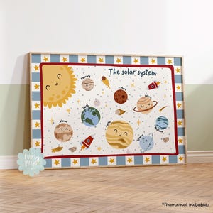 May include: A framed print depicting the solar system. The print shows cartoon illustrations of the sun and planets, with the text "The solar system." The frame has a blue and white striped border with yellow stars.