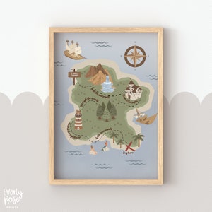 Pirate Treasure Map, Pirate Prints, Adventure Decor, Nursery Prints, Ocean Theme, Sealife, Nursery Decor, Kids Room, Treasure Island, Scandi