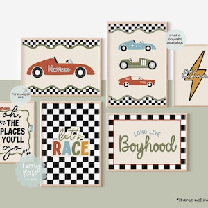 Juego de 6 impresiones de coches de carreras, personalizadas, para pared de galería, para dormitorio infantil, coches de carreras clásicos, para sala de juegos