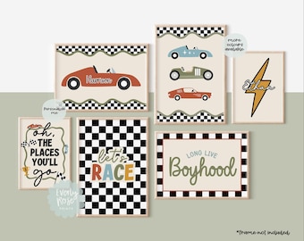 May include: Set of eight printable wall art prints featuring a checkered racing theme. The prints include a red race car with the name "Hamoon", a blue race car, a green race car, a yellow lightning bolt with the name "Ethan", a black and white checkered pattern with the text "Let's Race", a black and white checkered pattern with the text "Long Live Boyhood", and two prints with black and white checkered patterns and text.