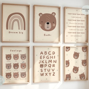 Lot de 3, 6, assortir, ours en peluche, impression, chambre de bébé neutre, impressions d'enfants, impressions de chambre de bébé, forêt, ours, impression personnalisée d'ours en peluche
