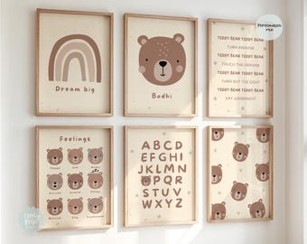 Set Of 3, 6, Mix & Match, Teddy Bear, Print, Neutral Nursery, Kids Prints, Nursery Prints, Woodland, Bear, Personalised Teddy Bear Print
