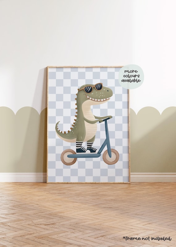 Dinosaur Print, Safari Nursery Art Print, Playful Kid’s Room Decor, Cute Animal Illustration, Kids Bedroom Decor, Scooter, Cool Kids Art